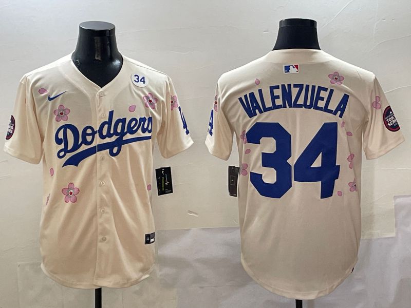 Men Los Angeles Dodgers #34 Valenzuela Cream White Blue Sakura Edition 2025 Nike MLB Jersey style 8->los angeles dodgers->MLB Jersey